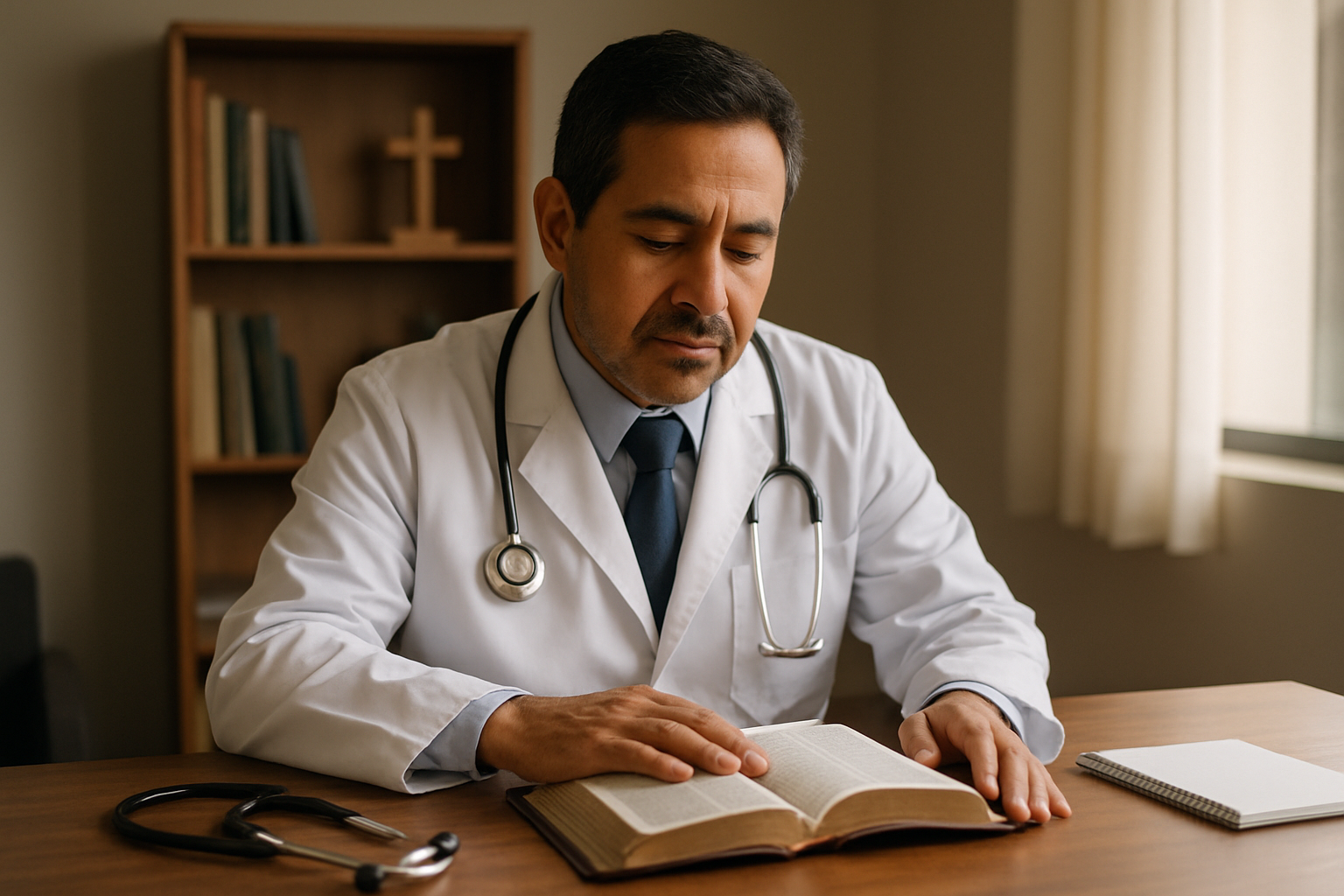 Médico de jaleco branco com Bíblia aberta sobre a mesa, luz suave de janela