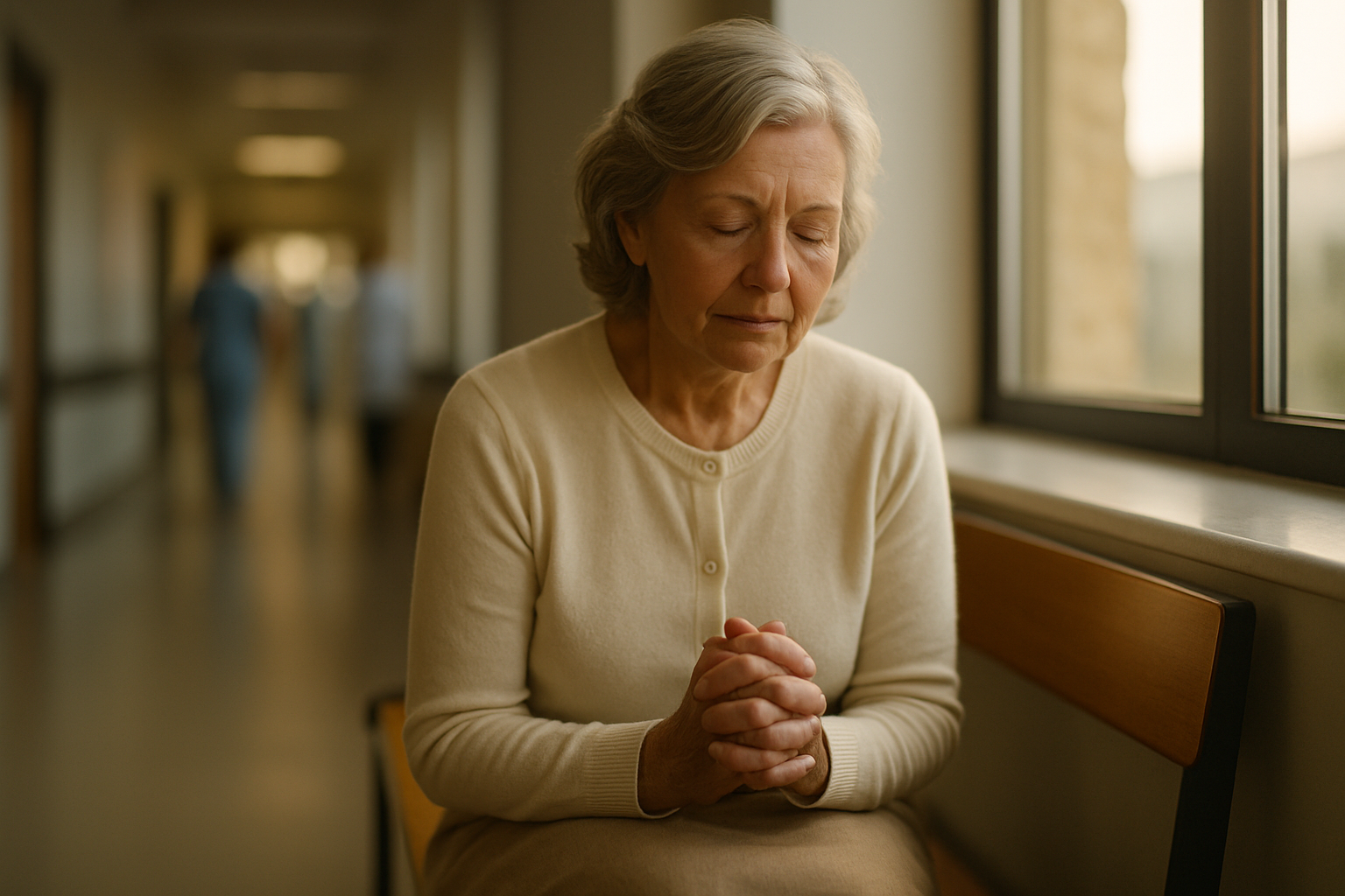 Paciente em oração silenciosa antes da consulta médica em corredor de hospital