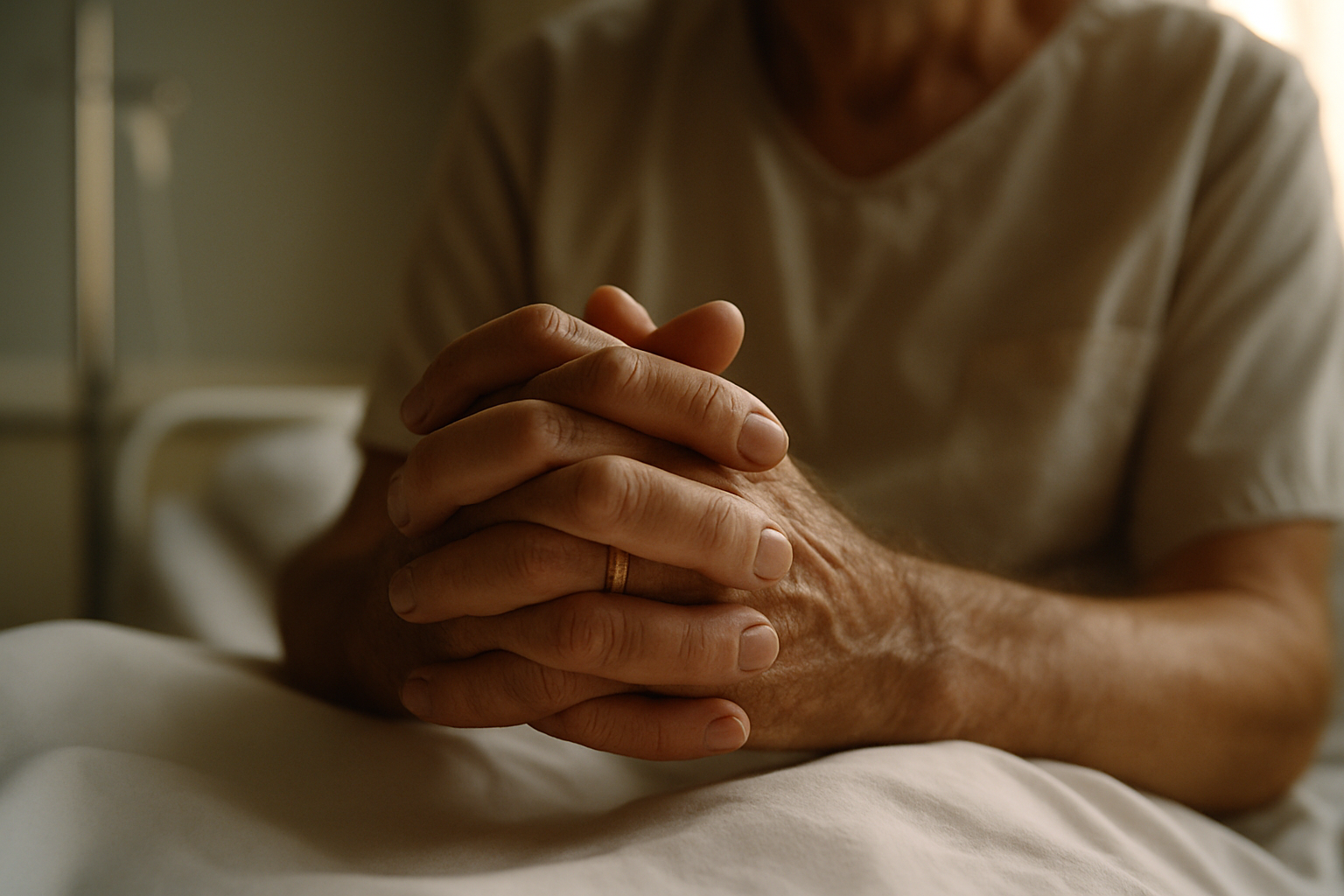 Fé e Cura: O que a Ciência Já Prova e a Medicina Funcional Já Aplica Mãos do paciente unidas em oração ao lado da cama de hospital, luz suave