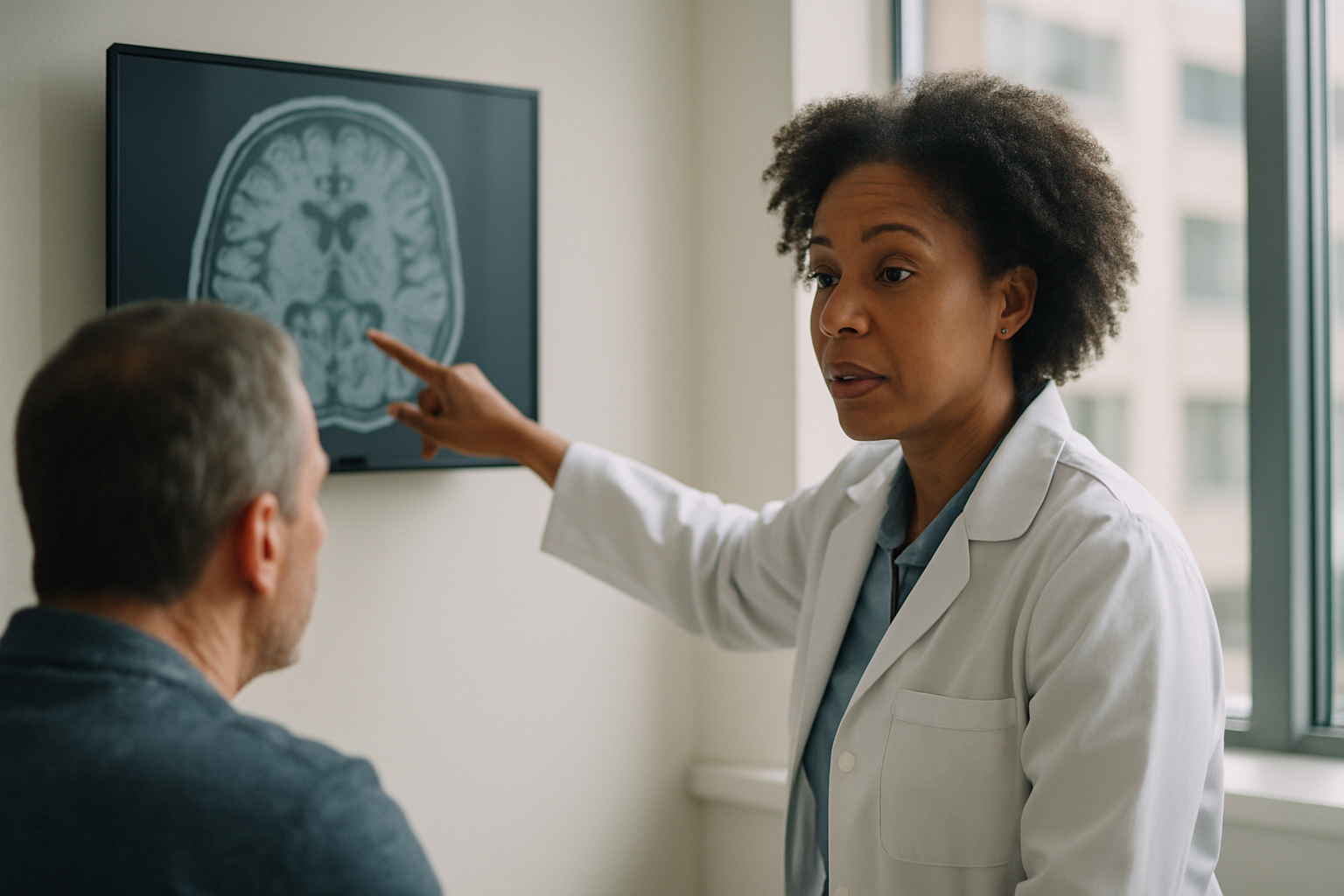Fé e Cura: O que a Ciência Já Prova e a Medicina Funcional Já Aplica Médico mostrando tomografia cerebral em tela ao paciente
