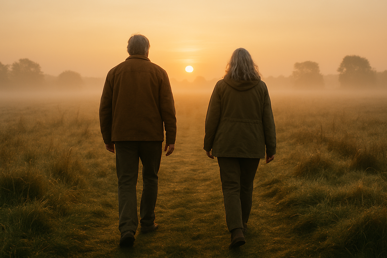 MEV 4.0: O Estilo de Vida Cristão Funcional Que Está Revertendo Doenças Crônicas Casal maduro caminhando ao nascer do sol em natureza, paz