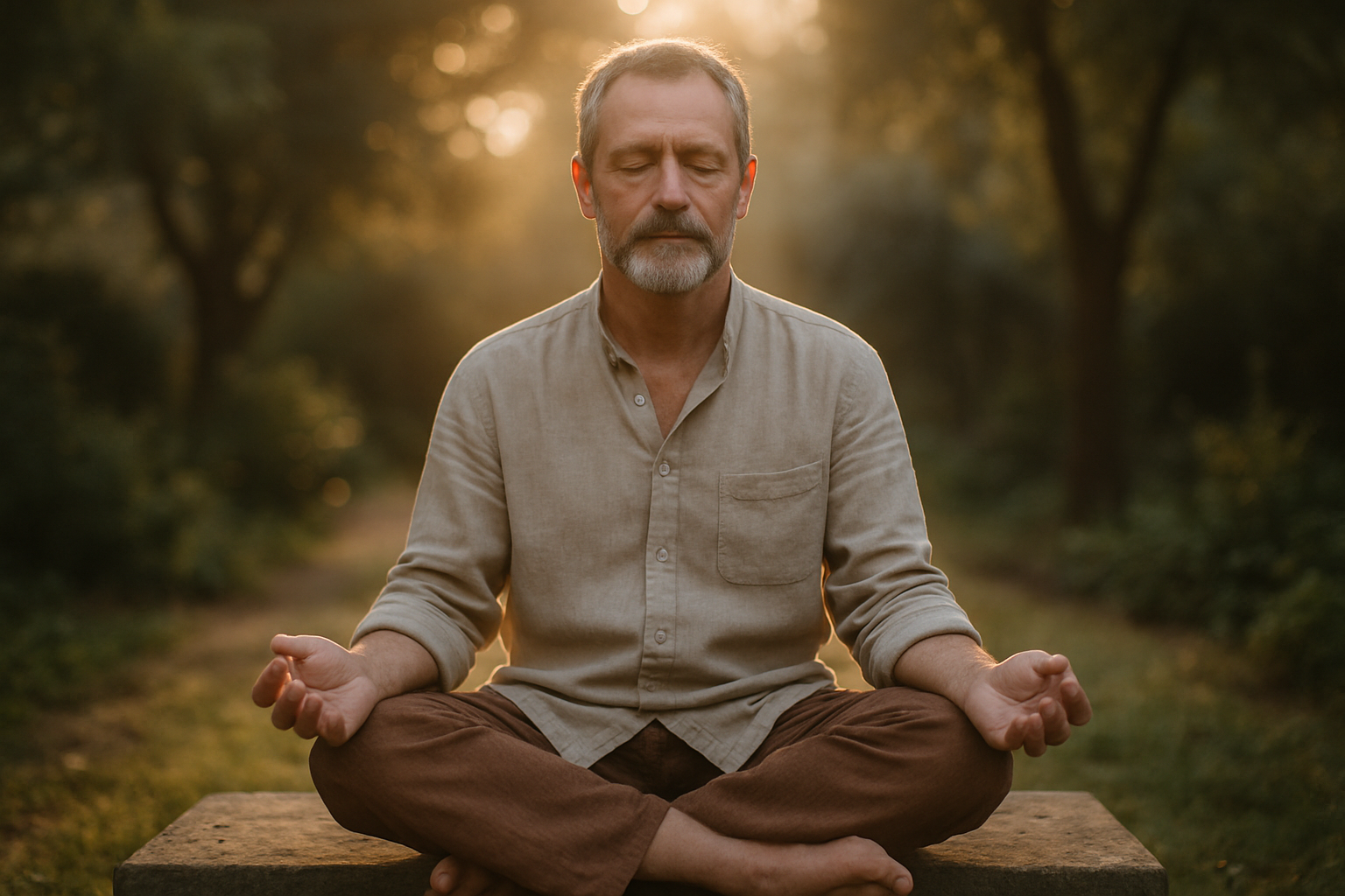MEV 4.0: O Estilo de Vida Cristão Funcional Que Está Revertendo Doenças Crônicas Pessoa meditando ao ar livre na luz da manhã