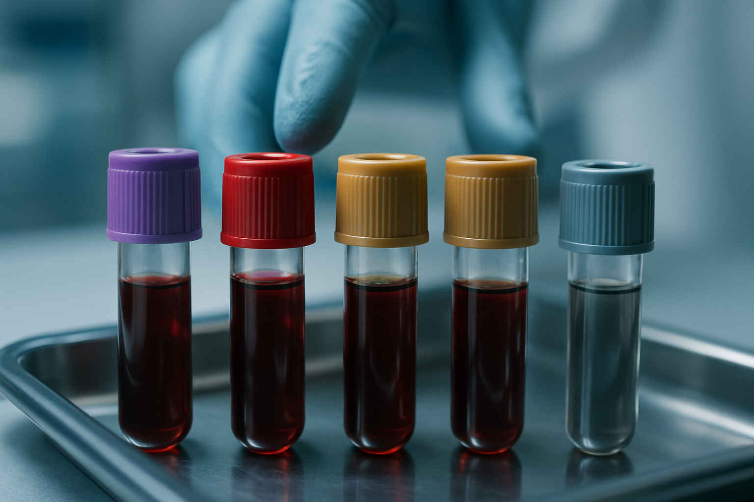 Frascos de exames de sangue em laboratório, painel hormonal preventivo