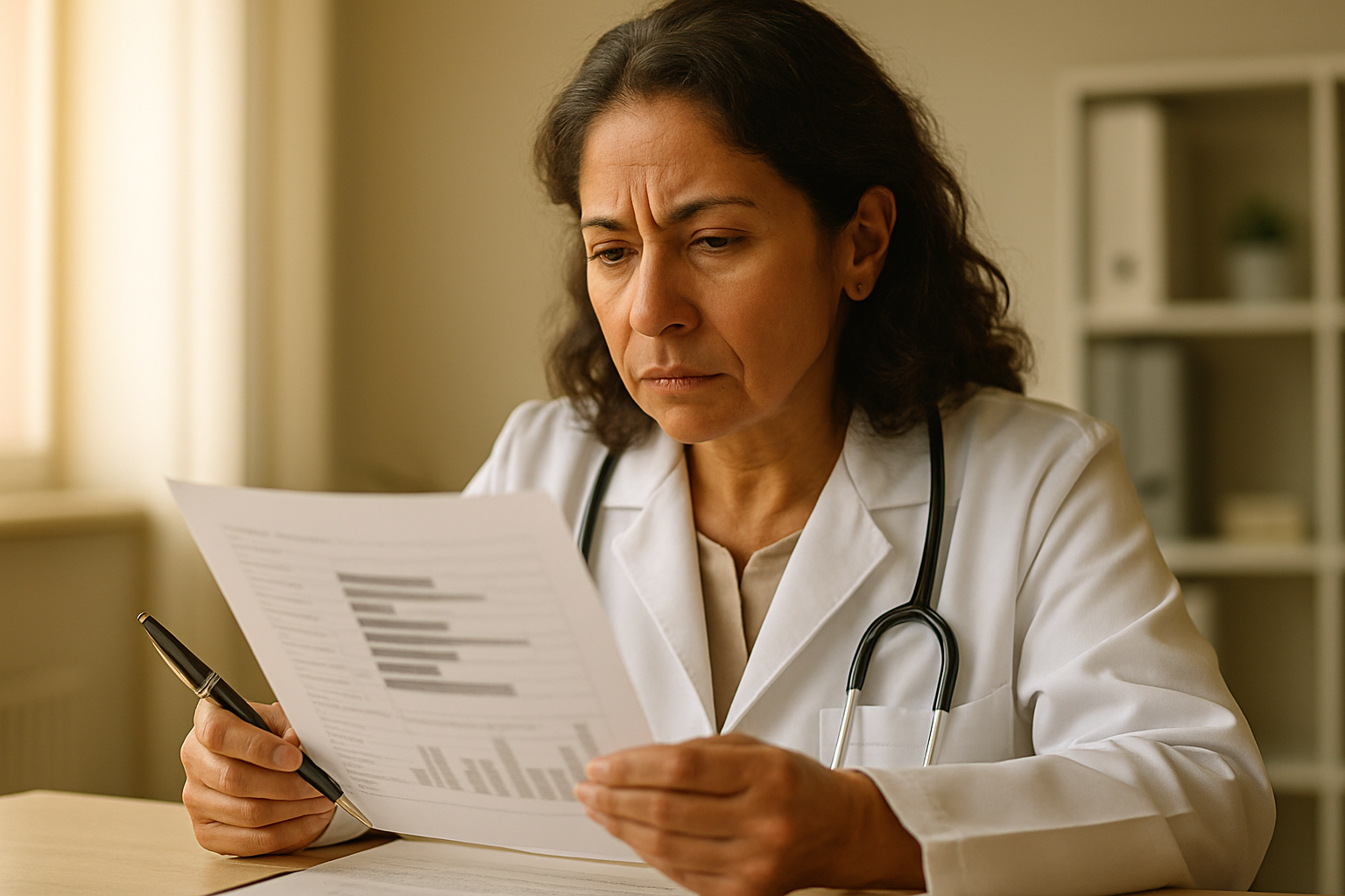 Médico revisando resultados de exames laboratoriais completos em papel