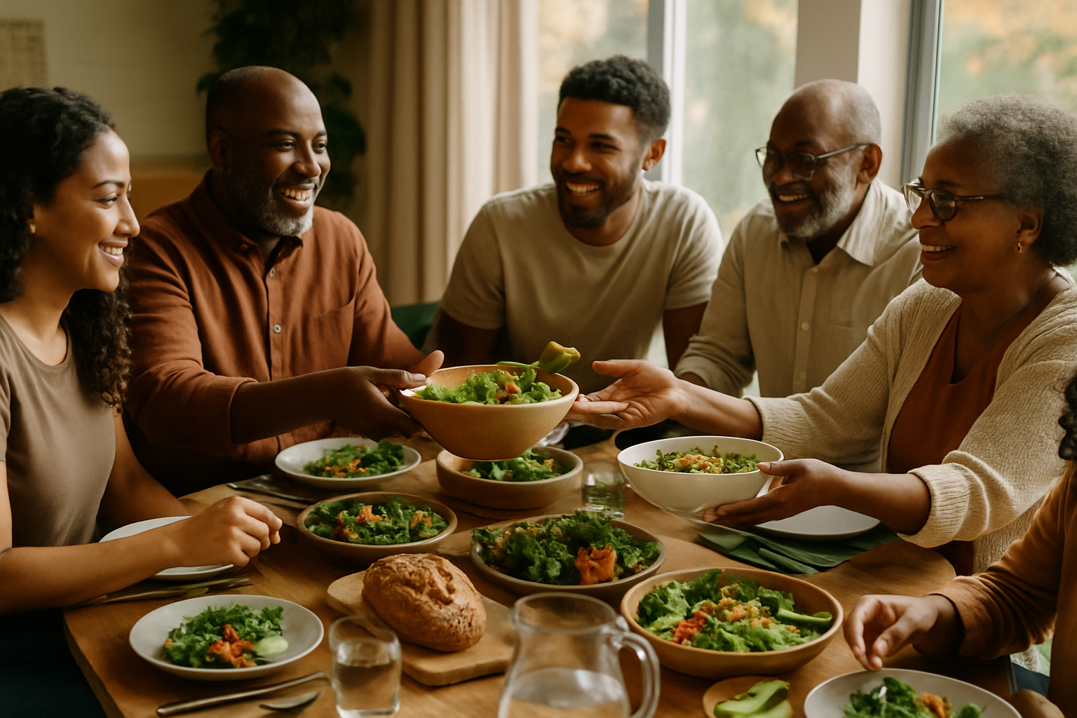 Família multigeracional adulta feliz comendo refeição saudável juntos