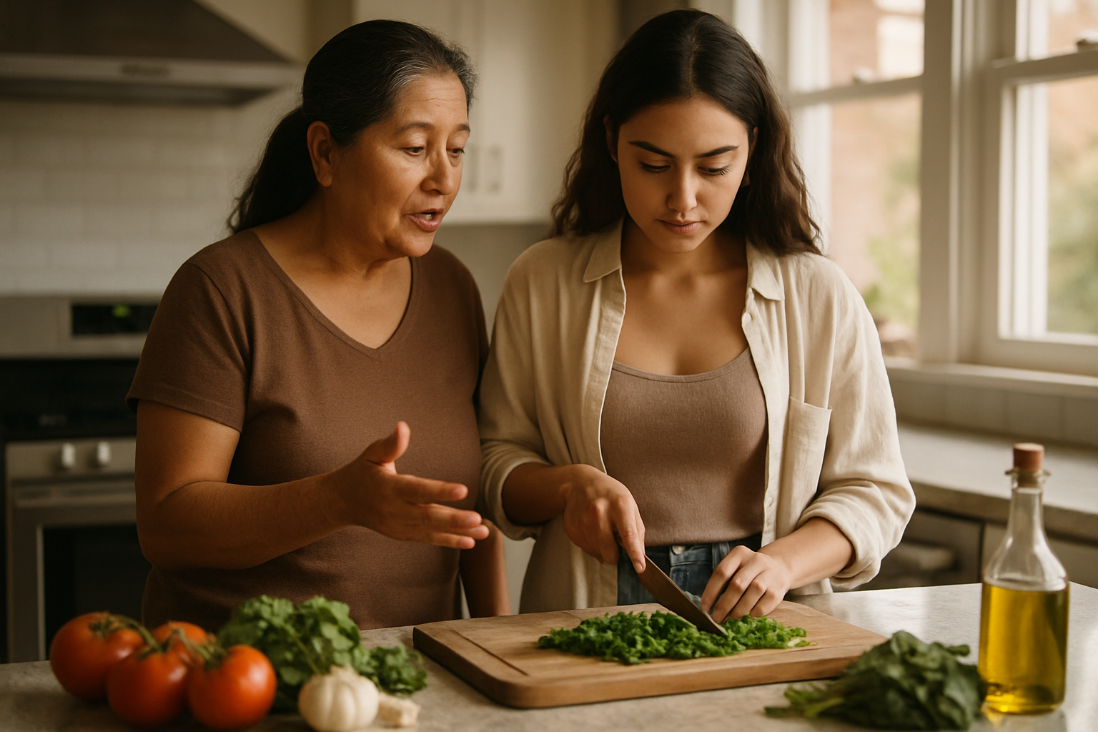 Pais ensinando filhos adultos jovens a cozinhar de forma saudável