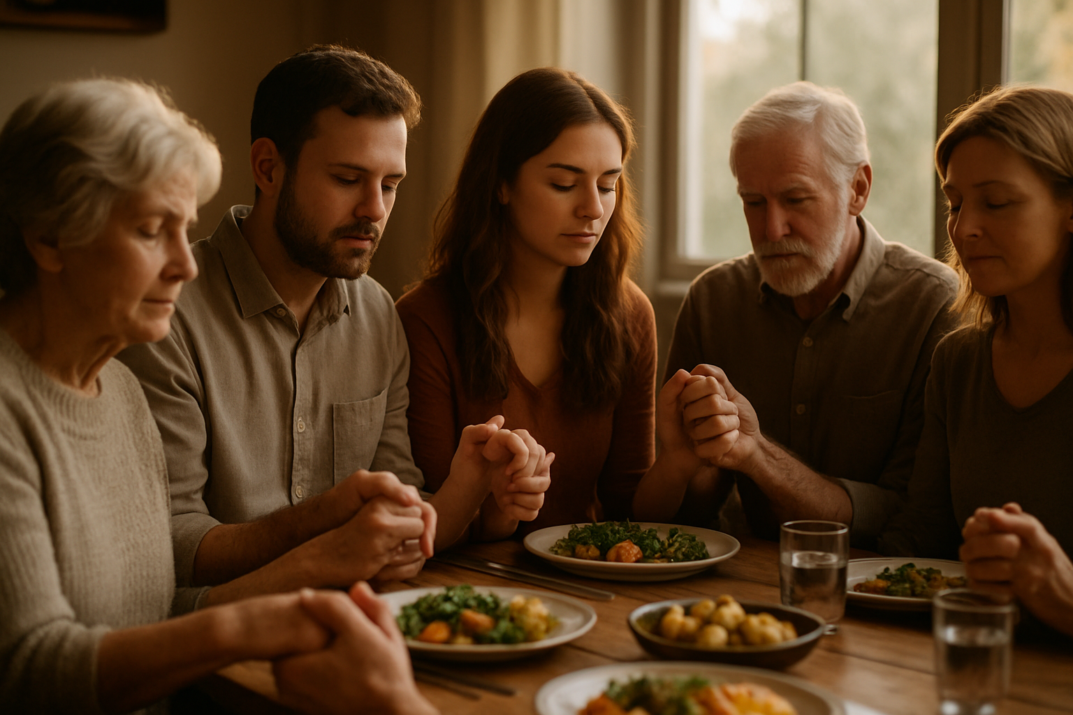 Família orando antes da refeição à mesa