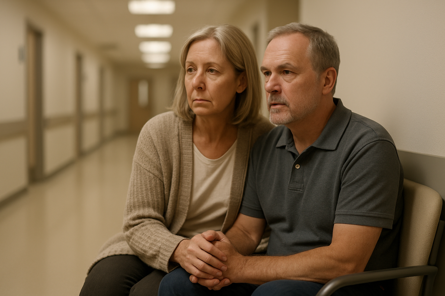 Mature couple holding hands in waiting/exam room