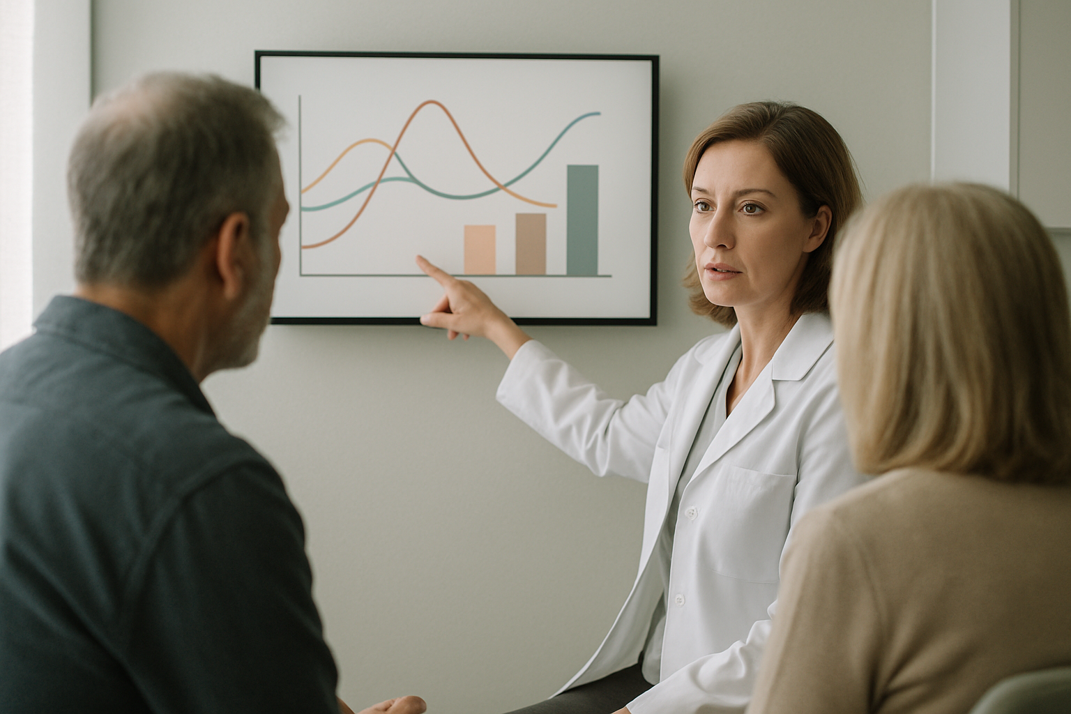 Female doctor explaining hormonal chart on screen to the couple