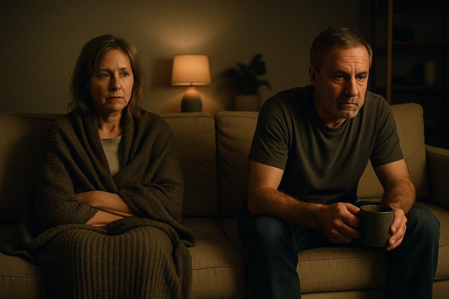 27 Signs of Biochemical Divorce: The Checklist Every Couple Over 45 Needs to See Exhausted couple sitting silently on the couch at night
