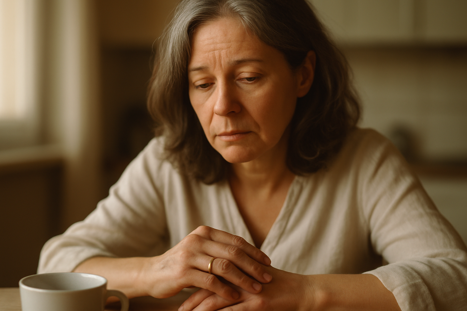 27 Signs of Biochemical Divorce: The Checklist Every Couple Over 45 Needs to See 55-year-old woman looking at her wedding ring
