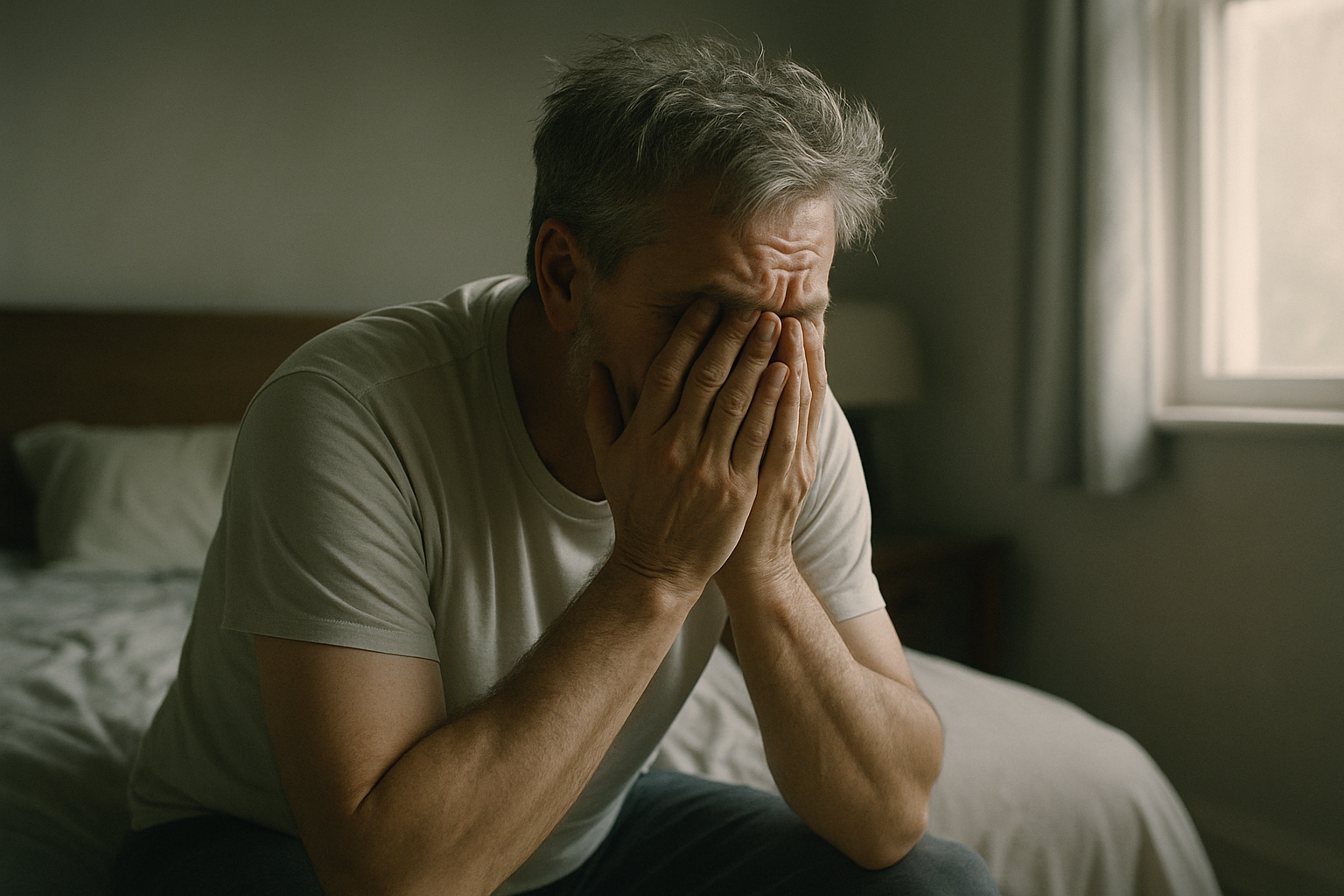 27 Signs of Biochemical Divorce: The Checklist Every Couple Over 45 Needs to See 55-year-old man rubbing his eyes exhausted in bed
