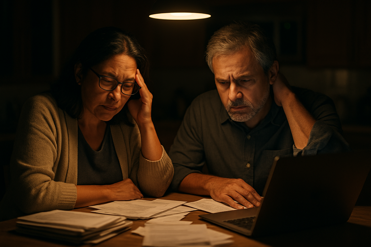 Stressed couple reviewing bills and paperwork at the kitchen table at night