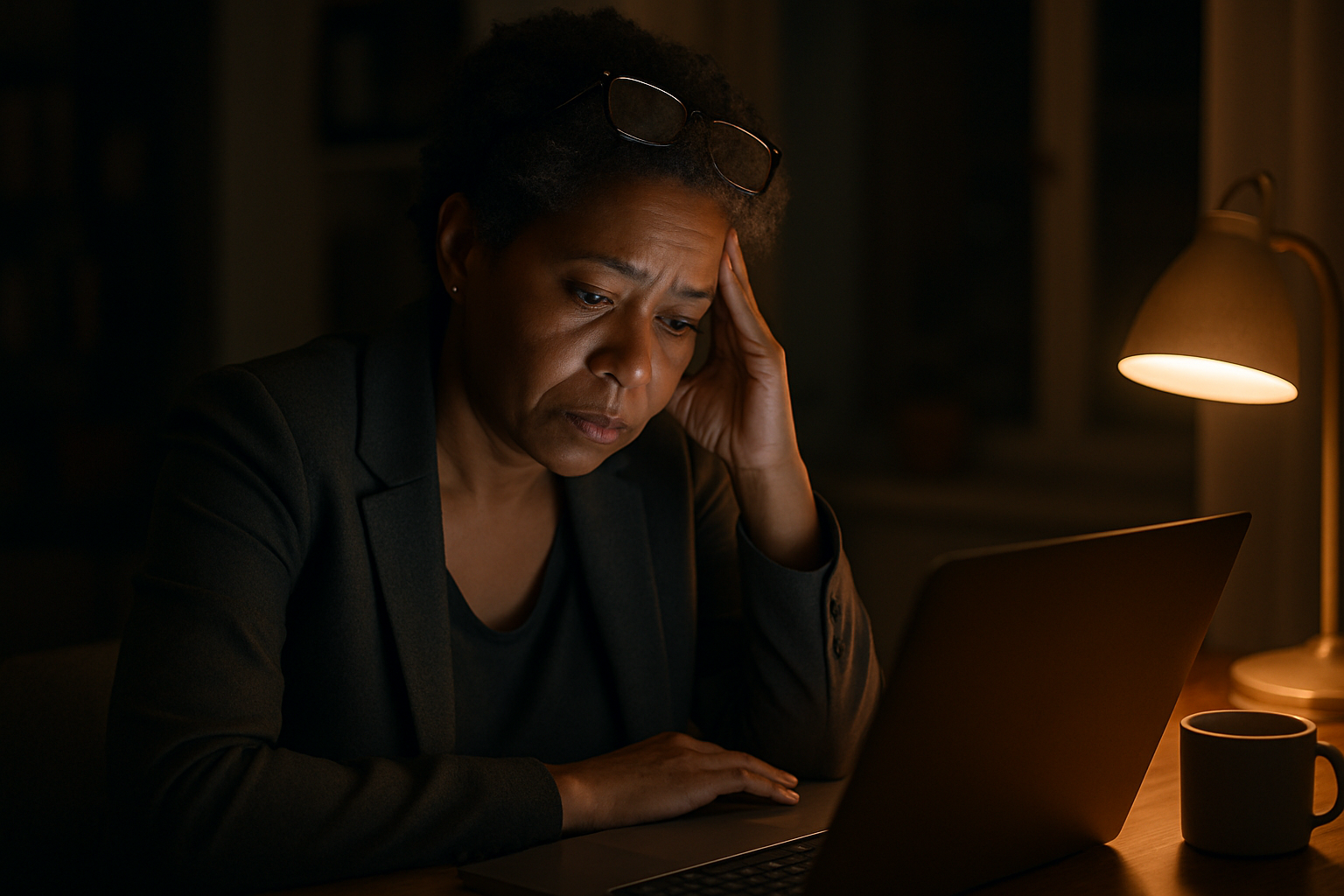 Professional woman 50+ working on laptop late at night