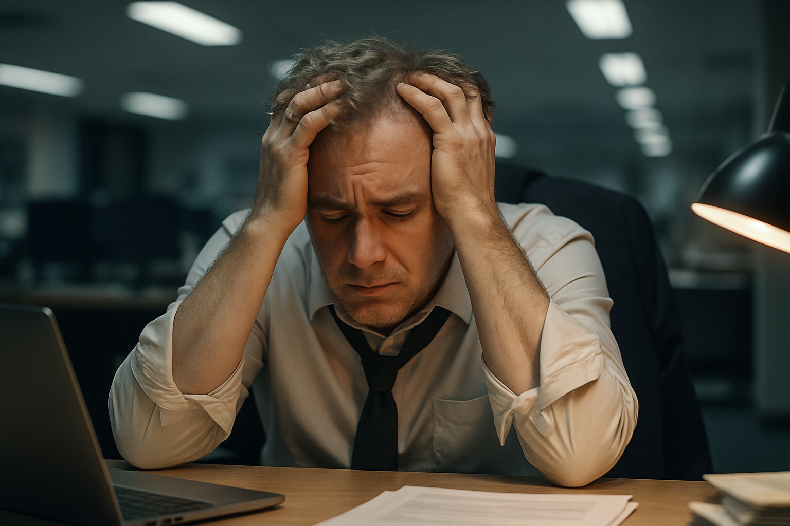 50+ man holding his head in stress at office desk
