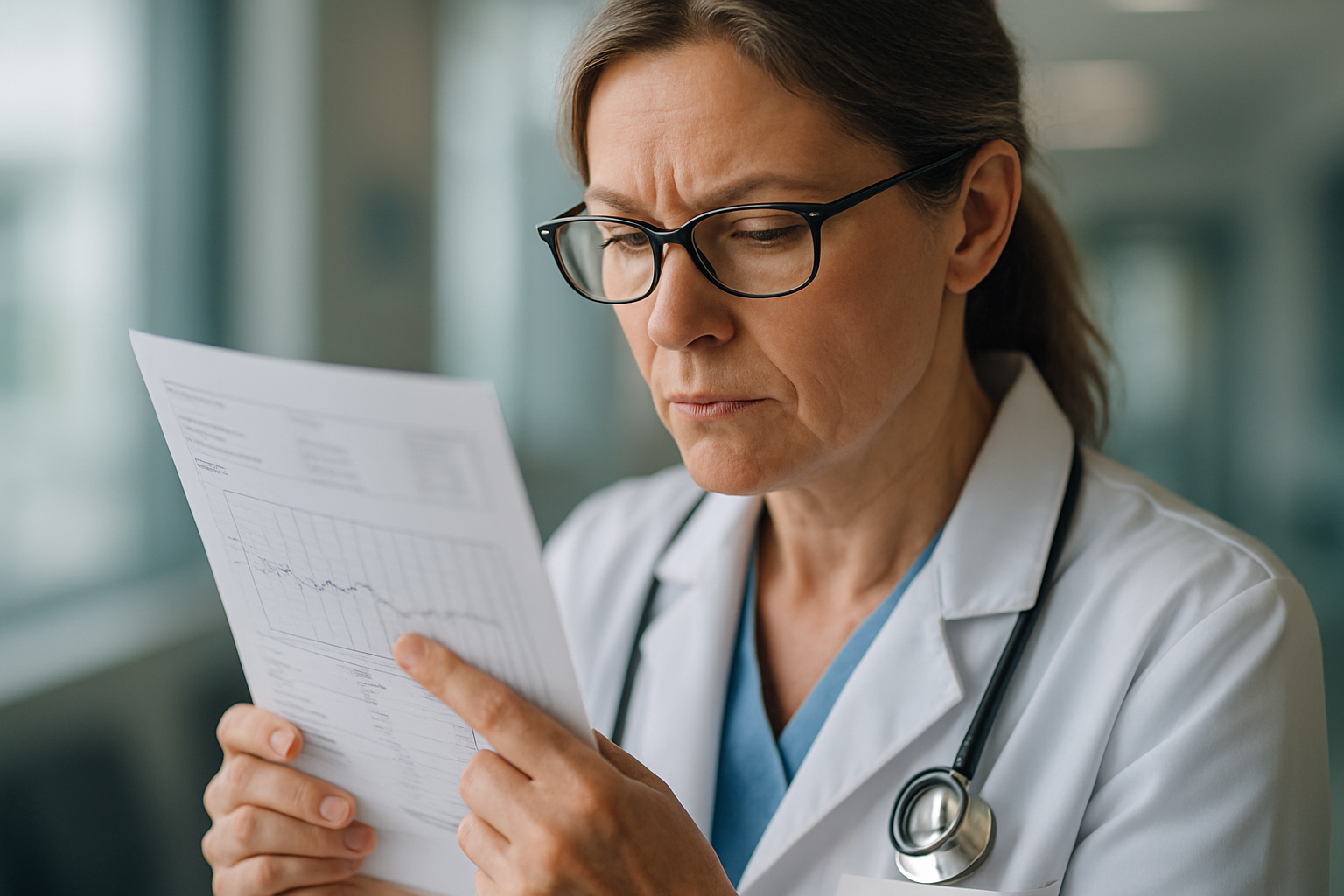 Female doctor analyzing hormonal results on clipboard
