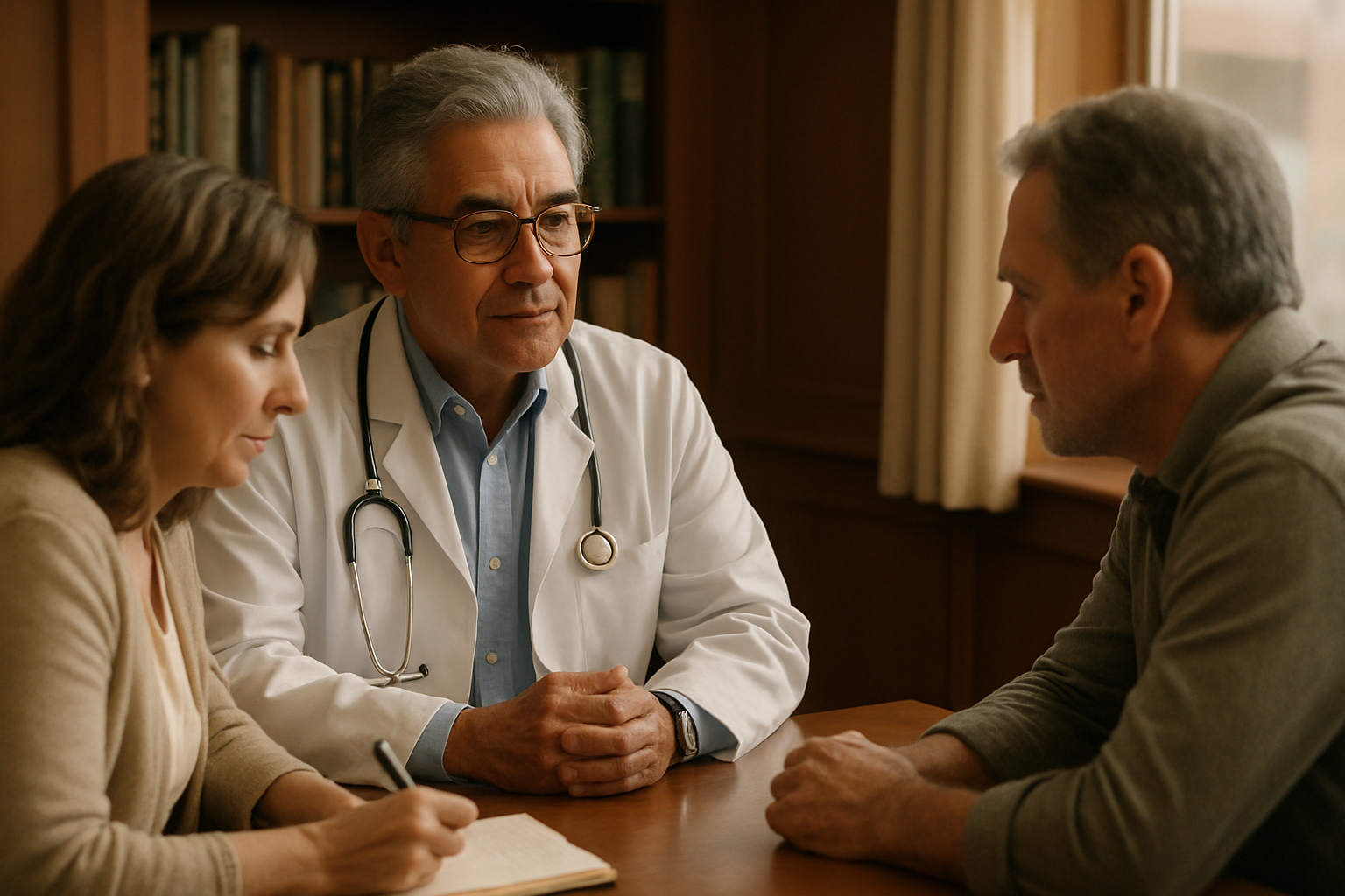 Mature doctor consulting a couple in a warm office