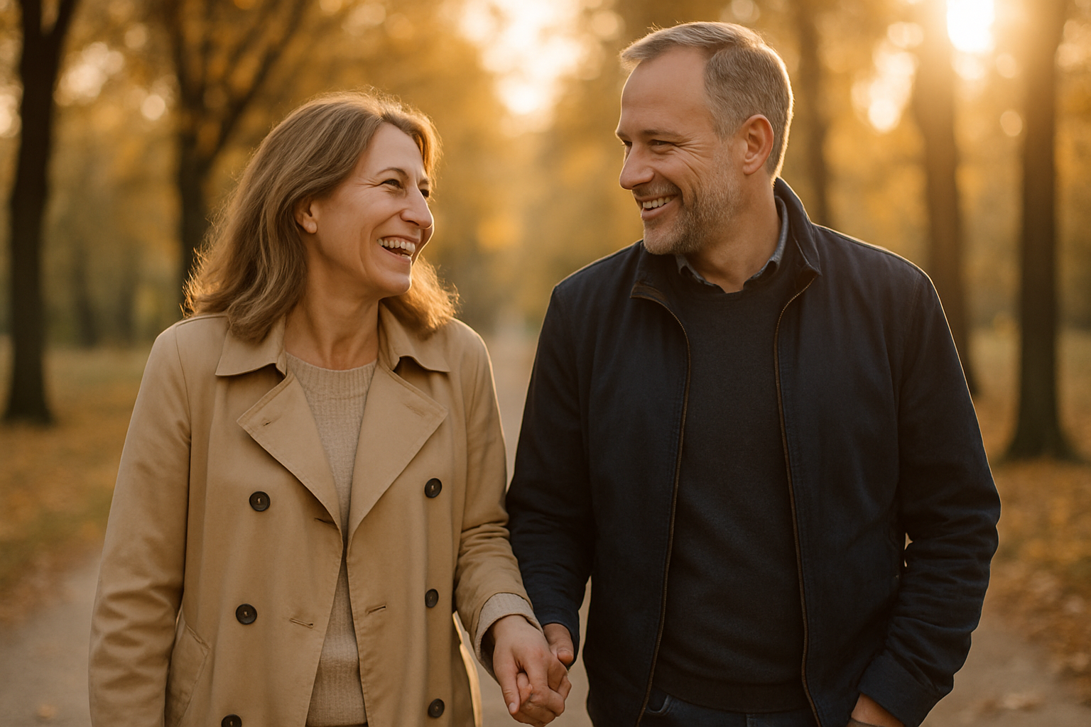 Happy mature couple after successful treatment, walking in park