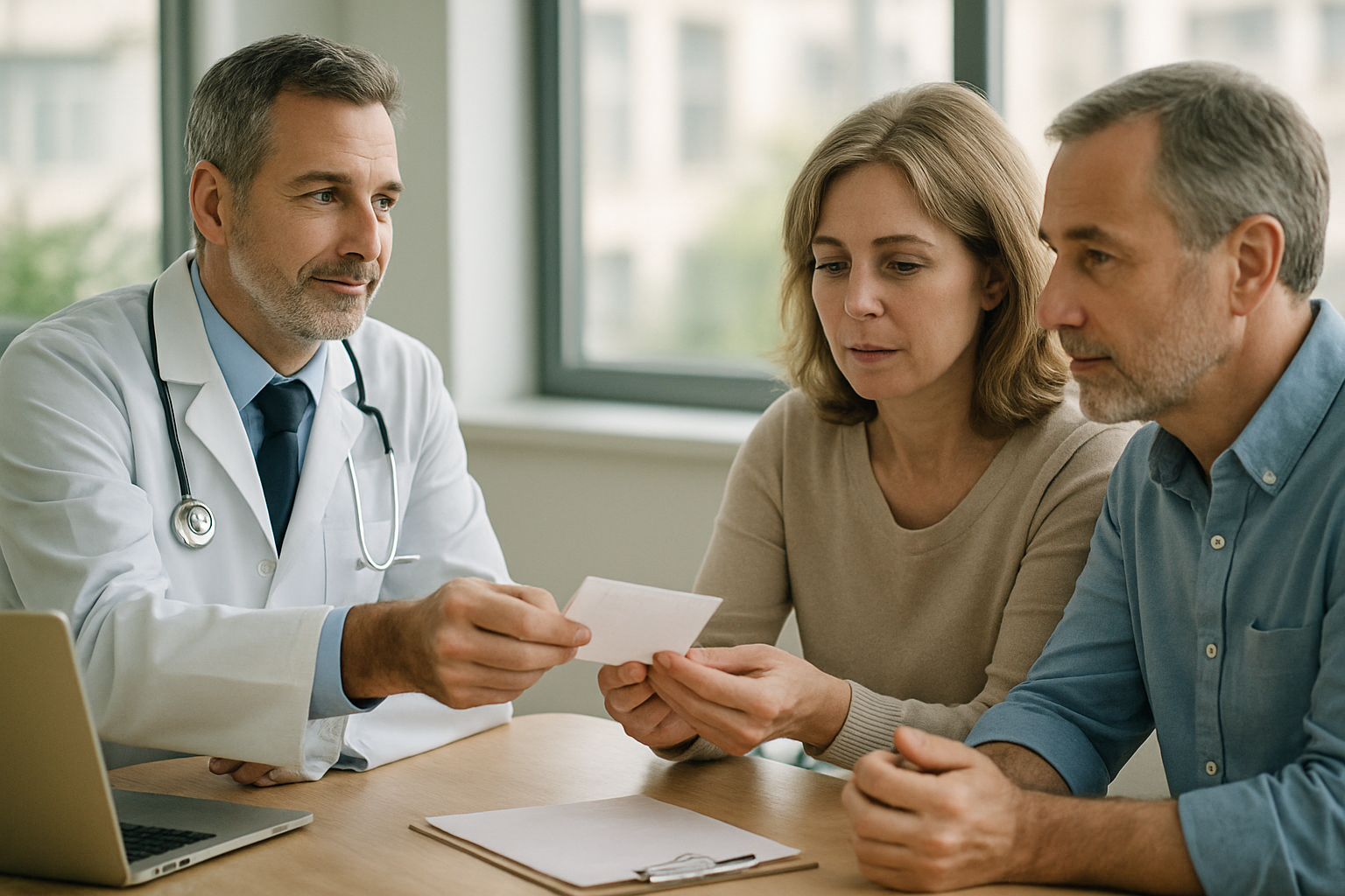 Doctor handing hormonal prescription to a couple in the office