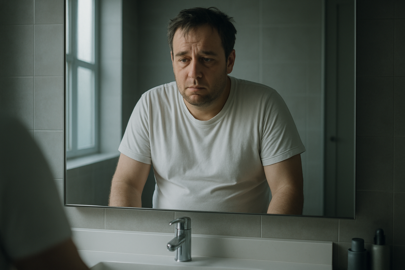 Homem 45 anos cansado se olhando no espelho, pele acinzentada, perda de vitalidade