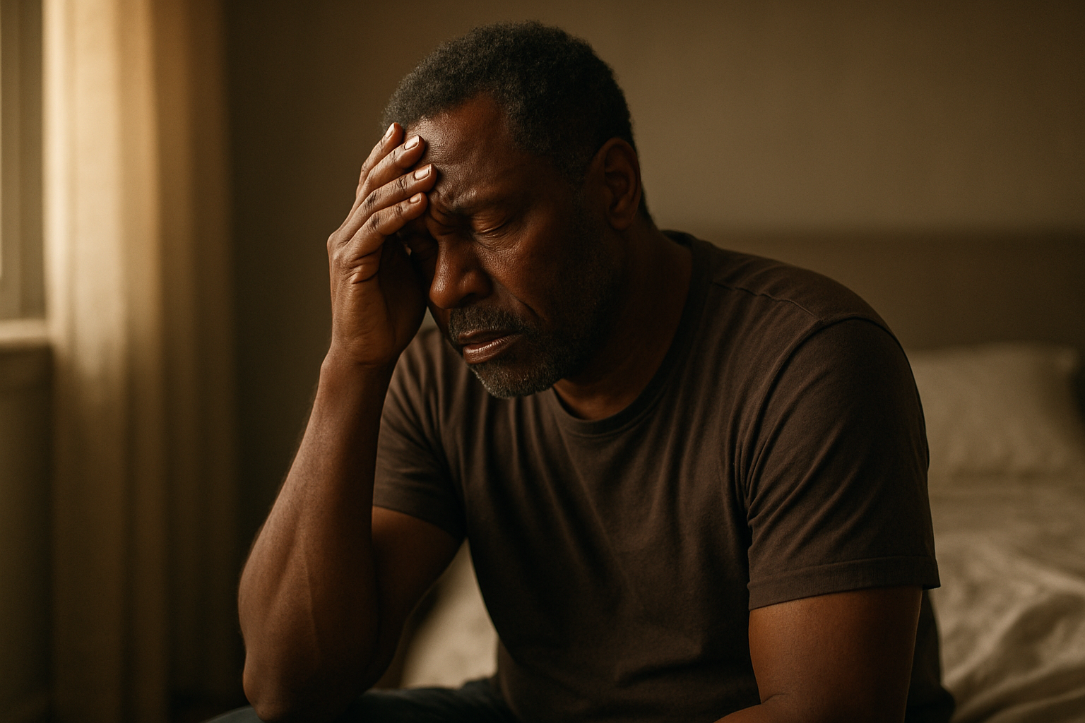 Homem cansado com a mão na testa pela manhã