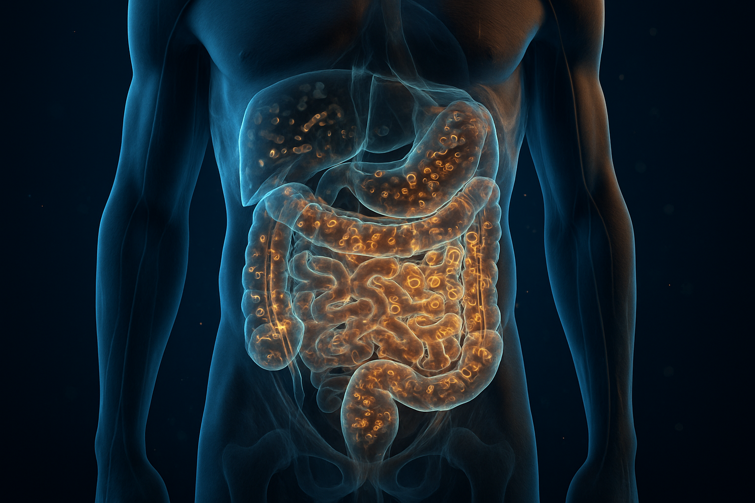 Ilustração científica anatômica do abdômen mostrando microbiota intestinal