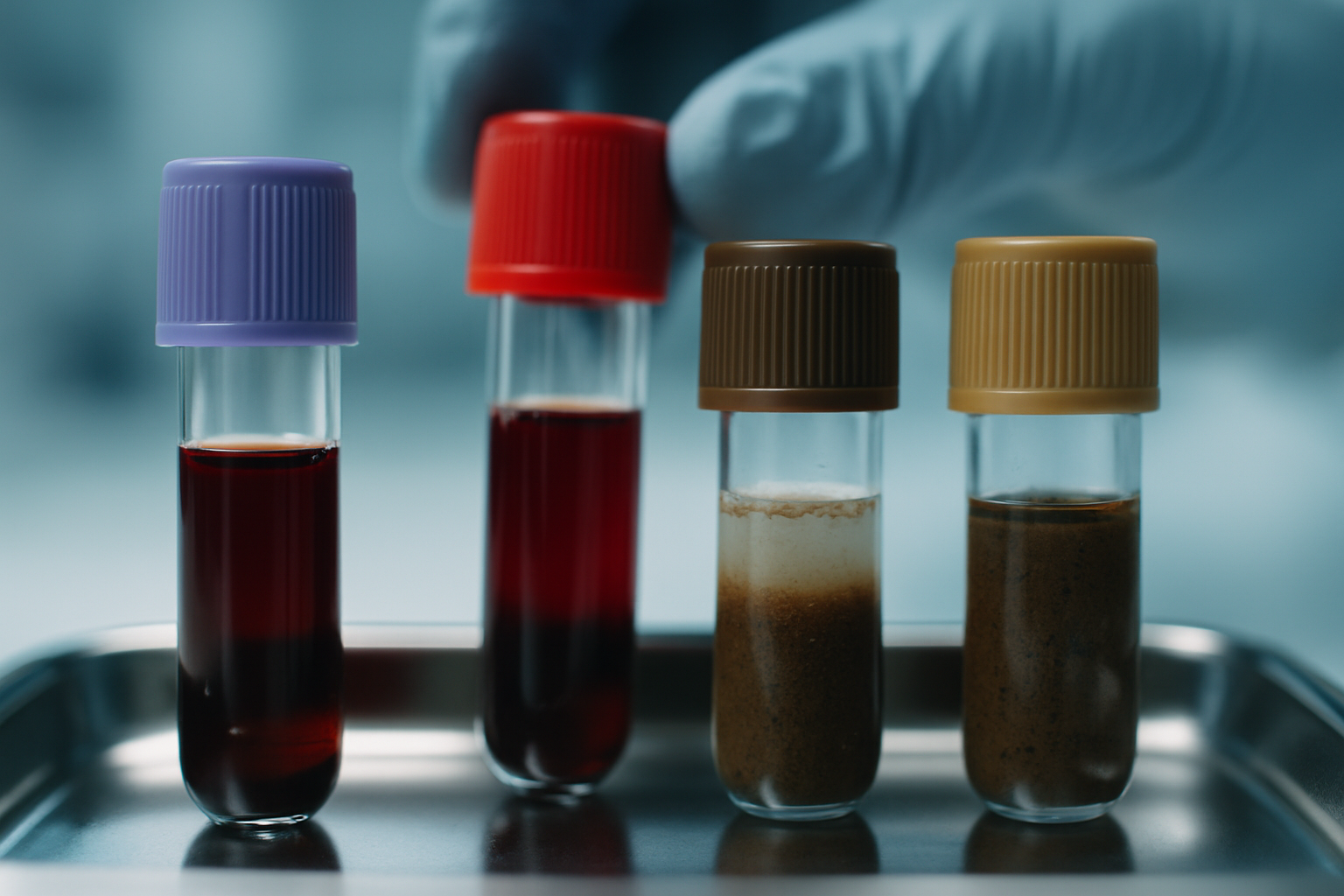 Frascos de exames de sangue para microbioma intestinal em laboratório