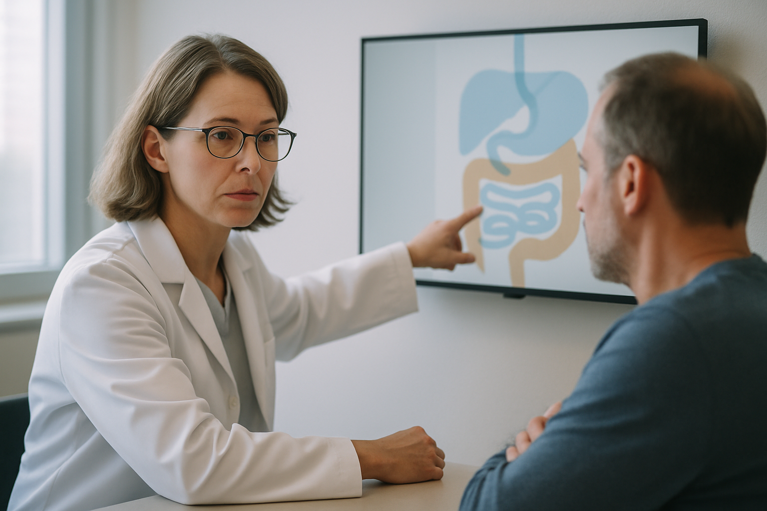 Médico mostrando diagrama intestinal a paciente masculino maduro