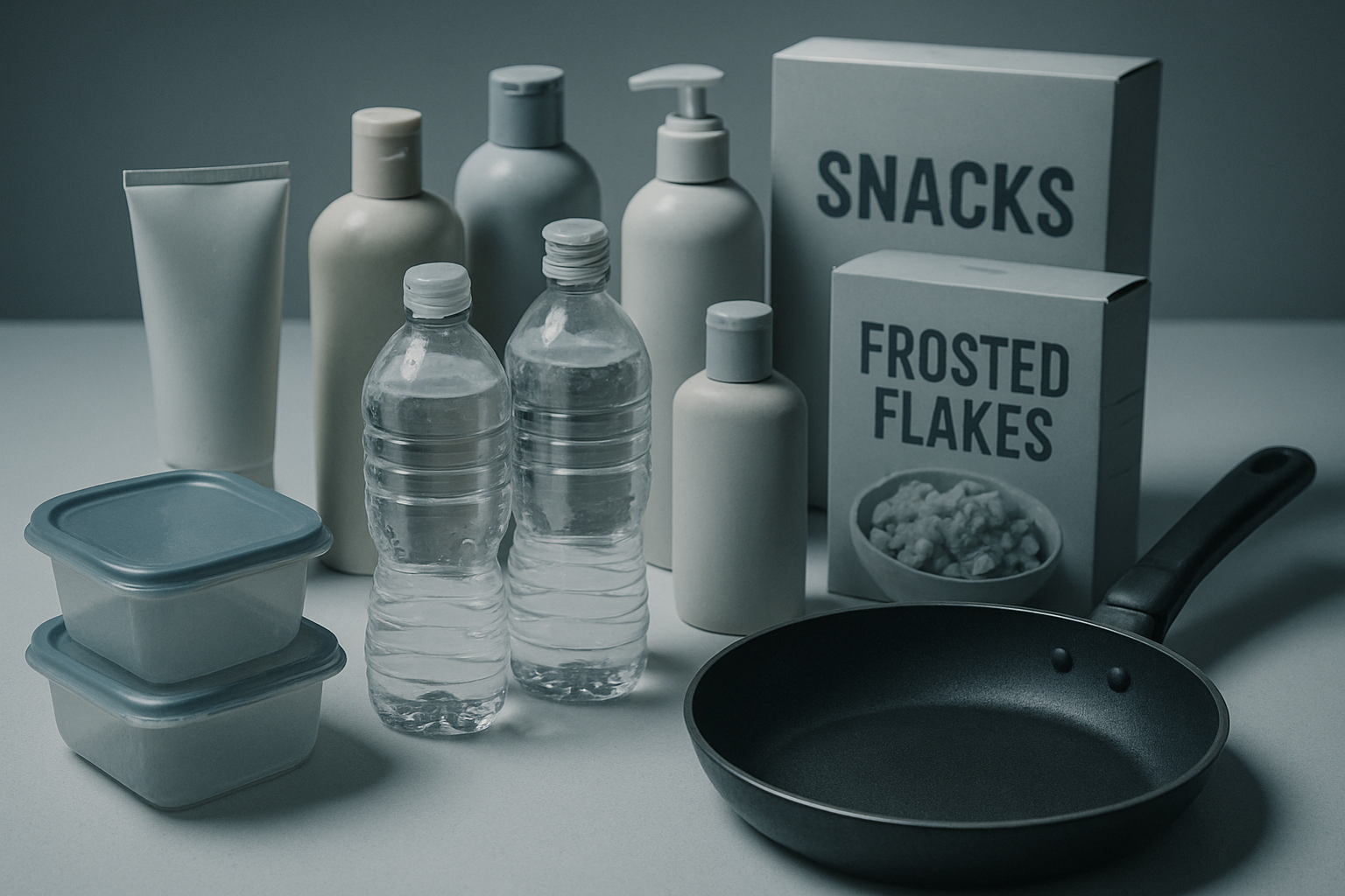Garrafas plásticas, cosméticos e alimentos processados em mostruário com aspecto de alerta