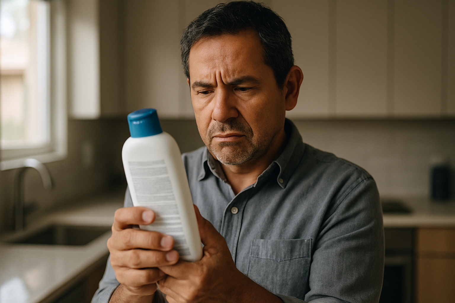 Homem lendo rótulo de produto na cozinha, expressão preocupada