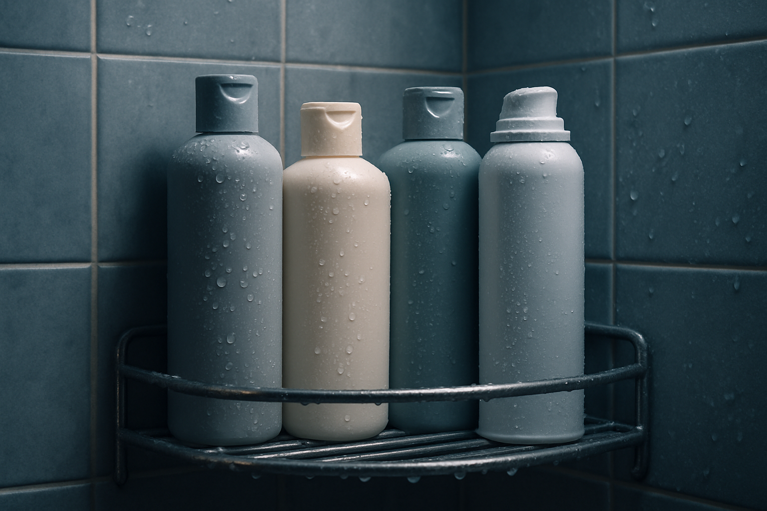 Produtos de banho e cosméticos com embalagens plásticas no chuveiro