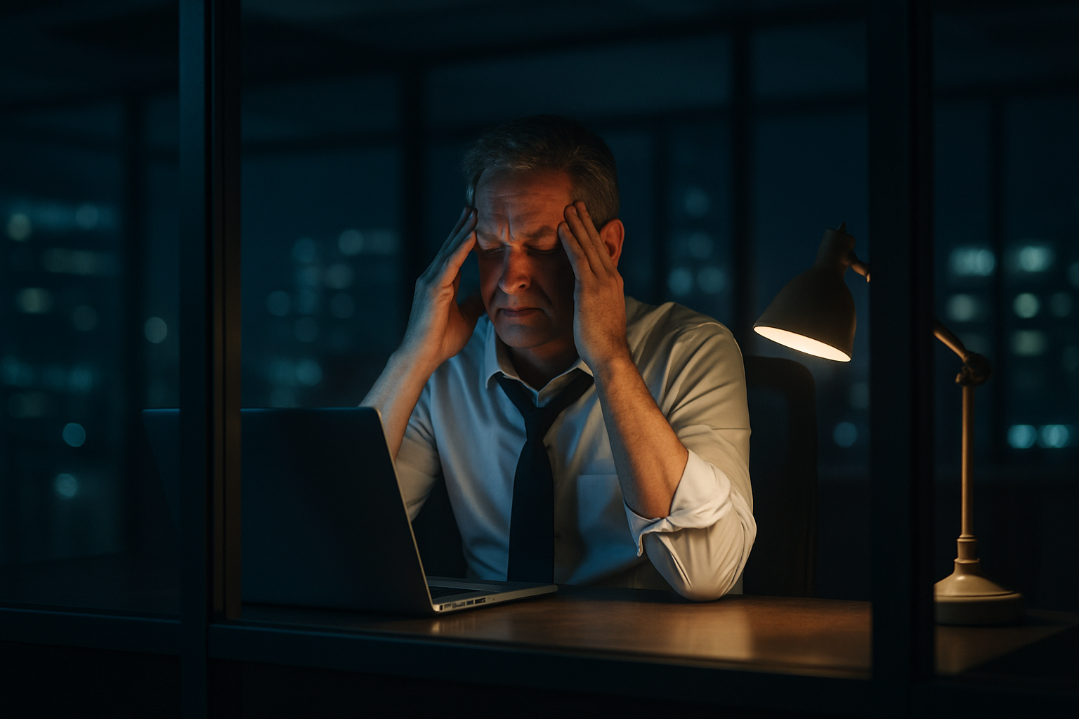 Empresário 50 anos estressado no escritório à noite, exausto
