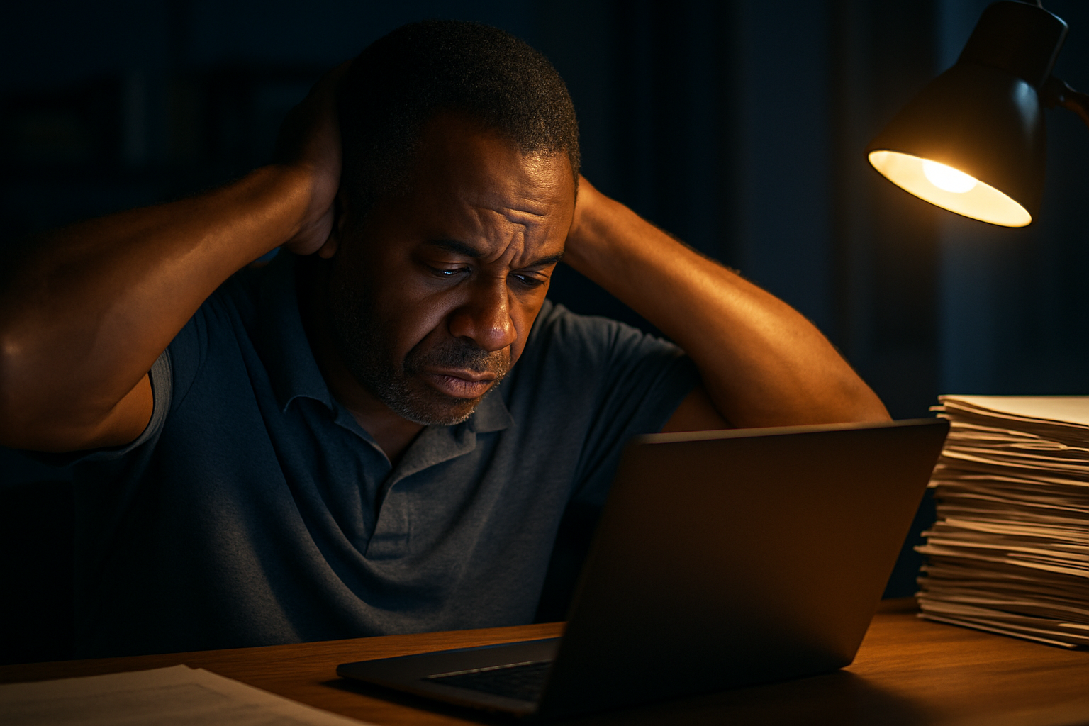 Homem segurando a cabeça trabalhando no laptop à meia-noite