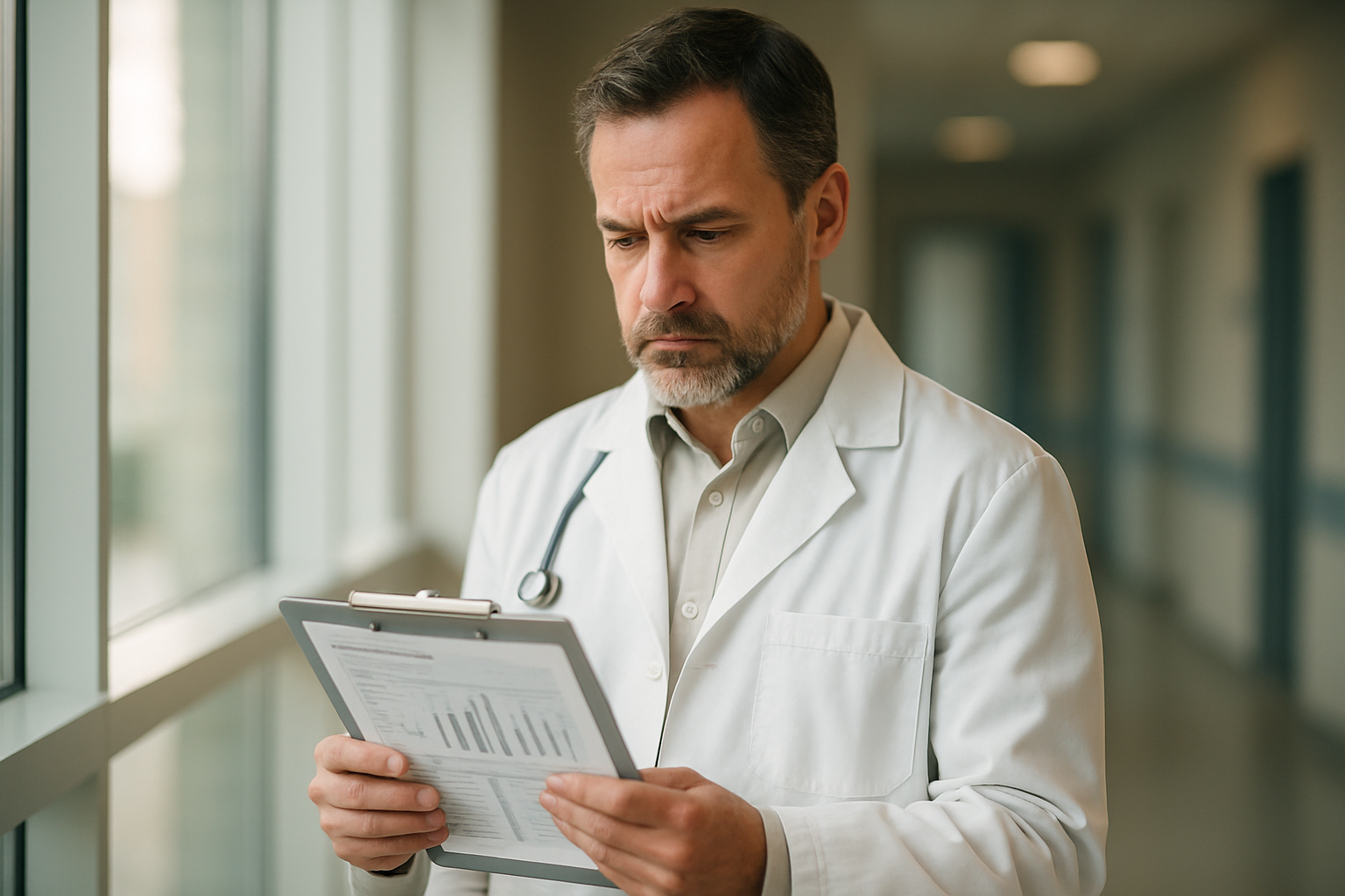 Exames Hormonais Funcionais Que o Urologista Não Pede — Mas Que Você Realmente Precisa Fazer Médico lendo resultados hormonais em prancheta