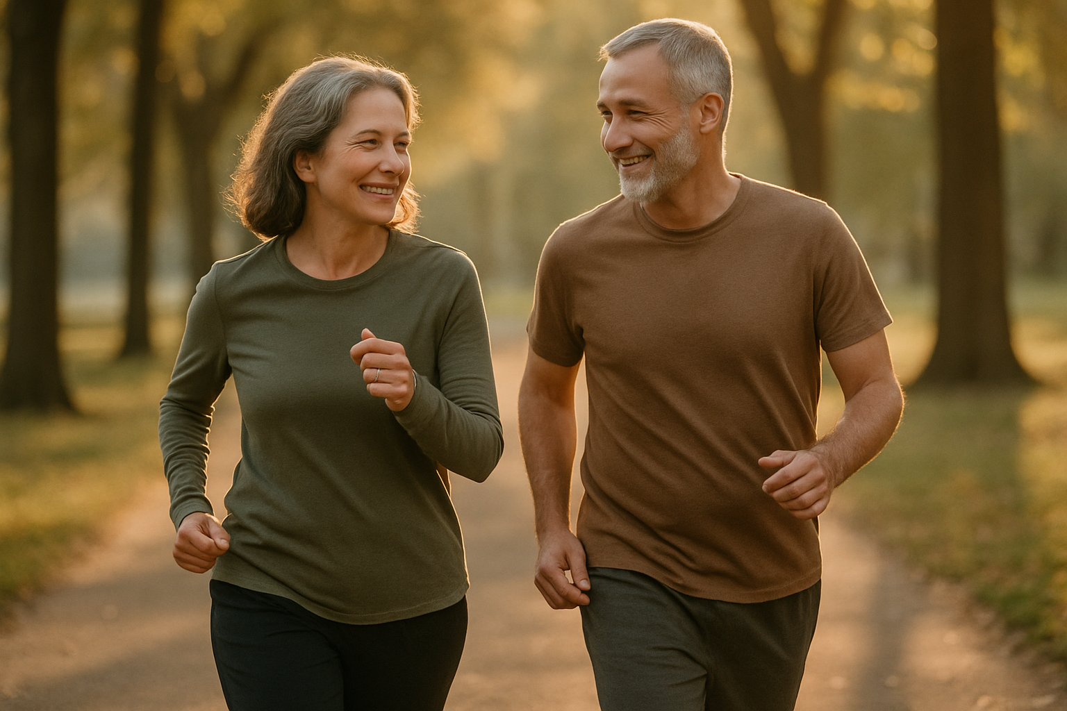 Casal 50 anos caminhando pela manhã após sucesso do protocolo