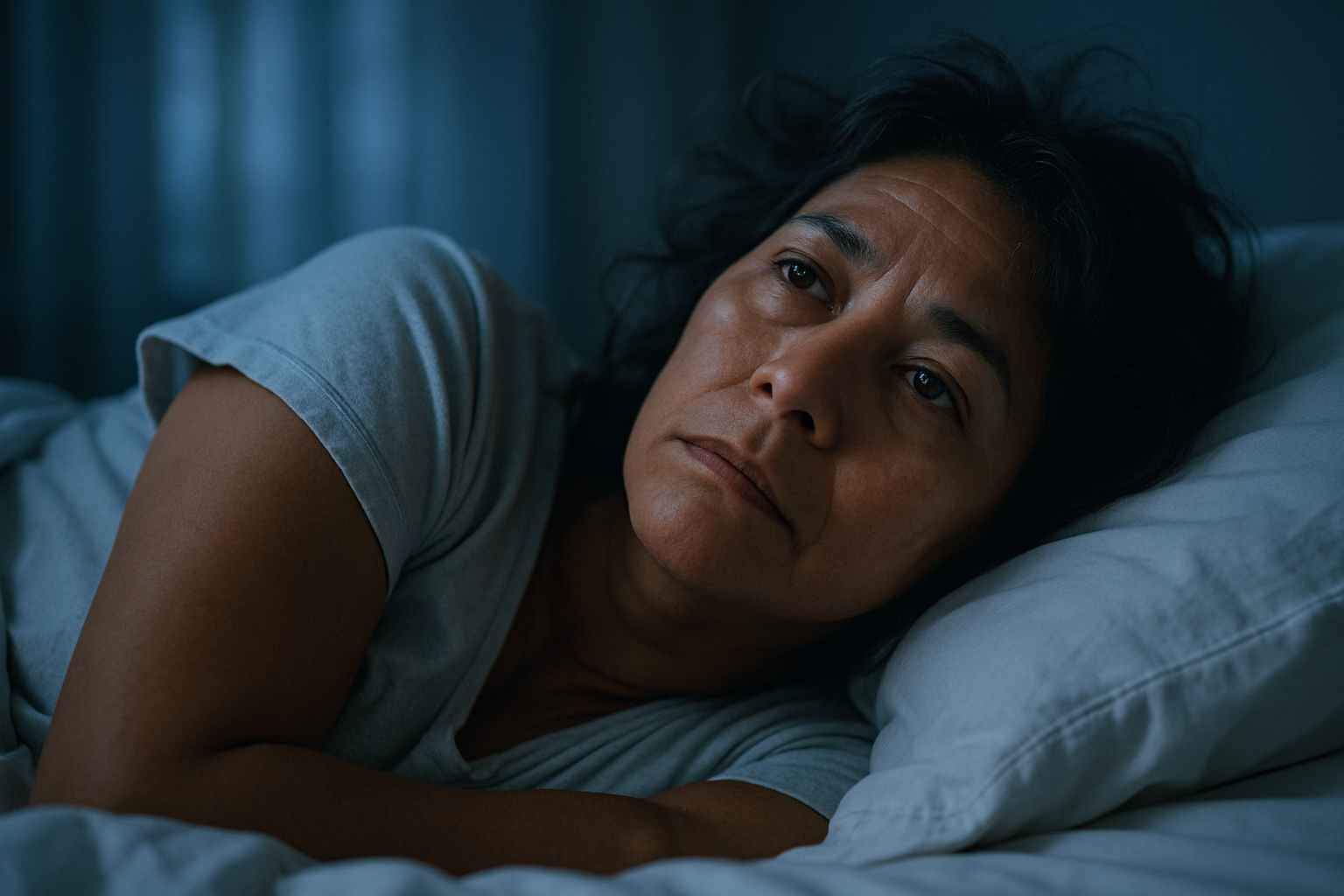 Mulher 50 não consegue dormir à noite, insônia na cama