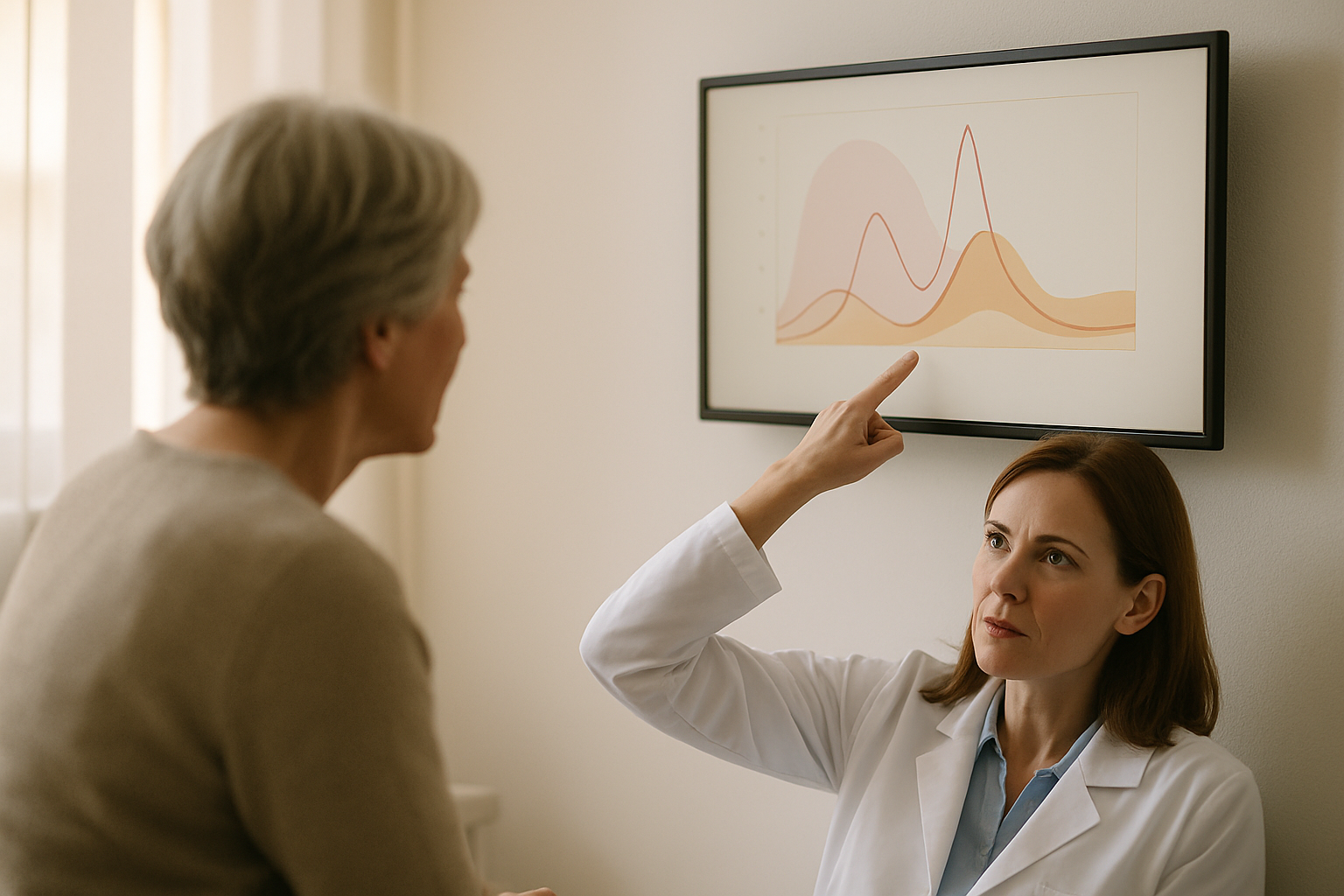 Médica explicando gráfico hormonal a paciente mulher 50