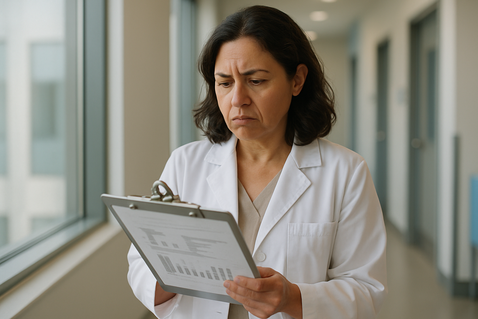 Médica lendo resultados hormonais femininos em prancheta
