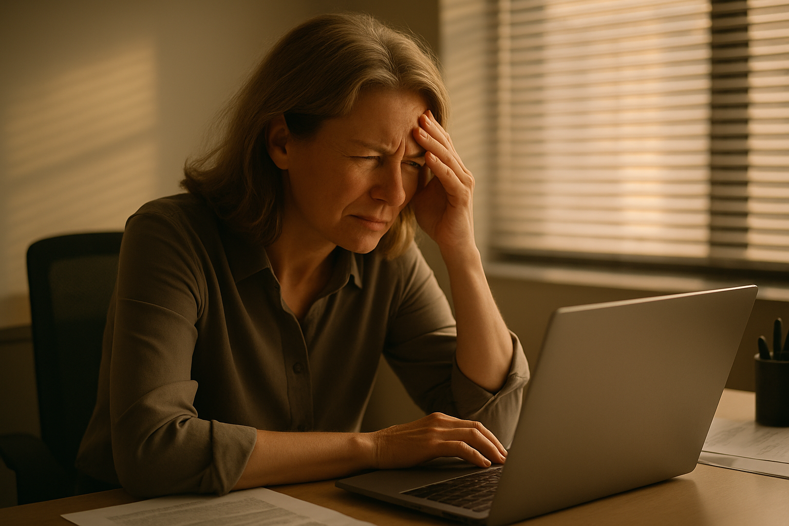 Neblina Mental na Perimenopausa: Seu Cérebro Não Está Falhando — Está Respondendo à Bioquímica Mulher 50 confusa no computador escritório, não consegue focar