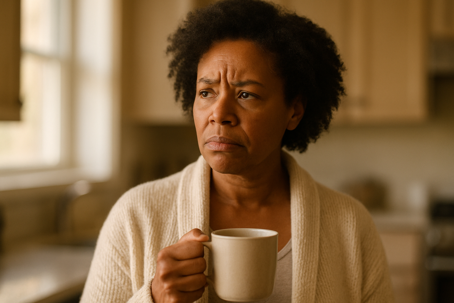 Neblina Mental na Perimenopausa: Seu Cérebro Não Está Falhando — Está Respondendo à Bioquímica Mulher esquecendo as chaves frustrada na cozinha pela manhã