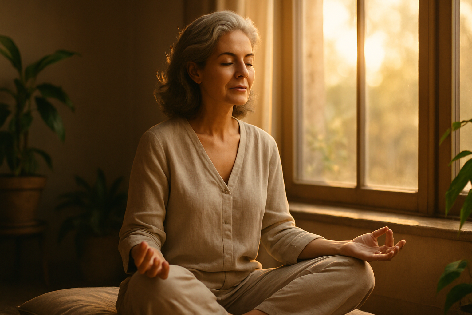 Neblina Mental na Perimenopausa: Seu Cérebro Não Está Falhando — Está Respondendo à Bioquímica Mulher meditando manhã serena recuperando foco