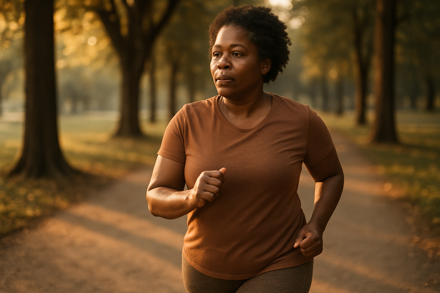 Mulher caminhando no parque pela manhã, exercício luz