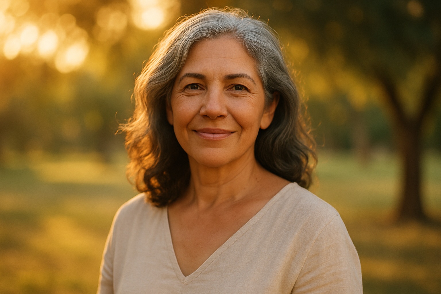 Mulher 50 vital sorrindo ao ar livre, energética restaurada confiante