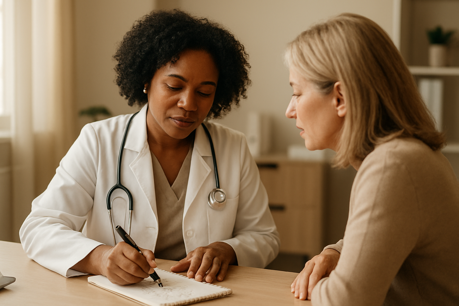 Mulher com médica revisando protocolo personalizado